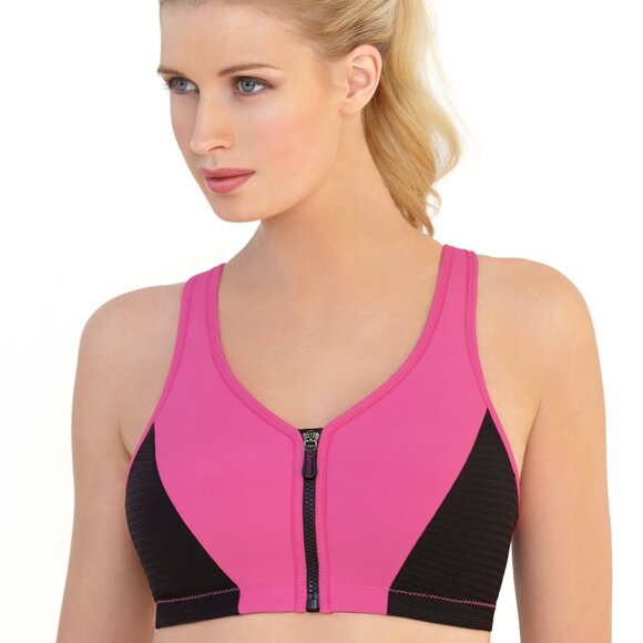 Glamorise SPORT Bra 32D (HIGH-IMPACT) Wicks! (RACERBACK) T-Back Zip-Up PINK New - Picture 1 of 16